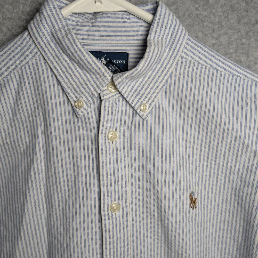 Ralph Lauren Boys Blue White Striped Oxford Button Down Shirt Size 14 Cotton